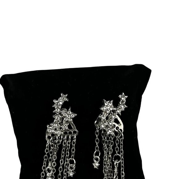 Cubic Zirconia Star Tassel Dangle Drop Earrings Silver-Tone Long Chain Design - Picture 4 of 8